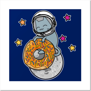 cartoon cat astronaut in space with donut Posters and Art